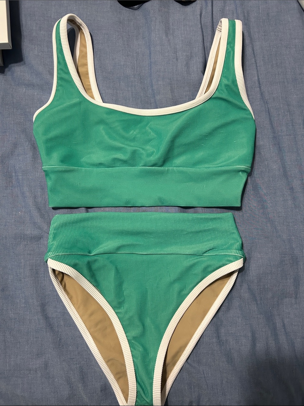 Lainsnow Green Ribbed High-Waist Bikini Set - Women Swim